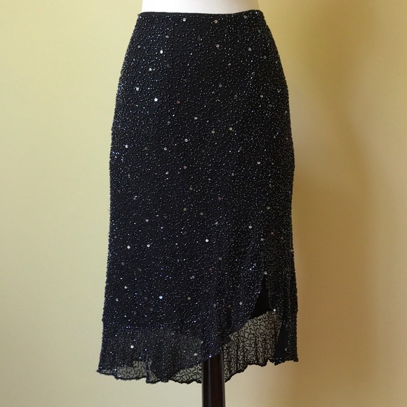 Scala Dresses & Skirts - Scala Silk Beaded Black Asymmetrical Hem Skirt